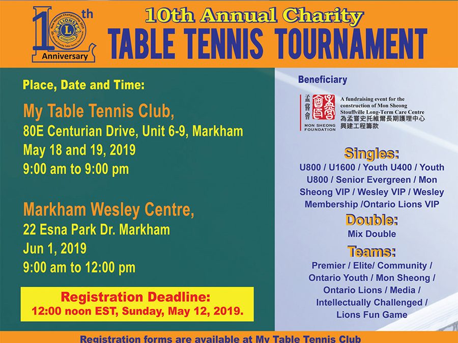 10th Annual Charity – Table Tennis Tournament for Mon Sheong